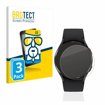 Front side of a product packaging with the brand logo BROTECT. Next to it is the device Samsung Galaxy Watch 4 (40mm) shown wi