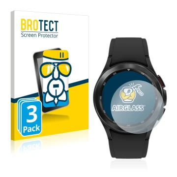 Front side of a product packaging with the brand logo BROTECT. Next to it is the device Samsung Galaxy Watch 4 Classic (42mm) 