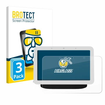 Front side of a product packaging with the brand logo BROTECT. Next to it is the device Google Nest Hub 2 shown with the corre