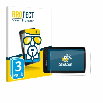 Front side of a product packaging with the brand logo BROTECT. Next to it is the device BMW Navigator VI shown with the corres