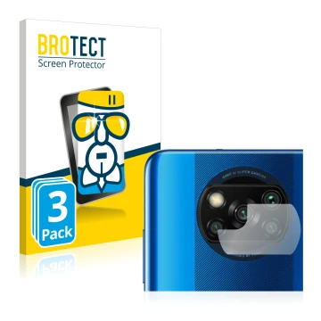 Front side of a product packaging with the brand logo BROTECT. Next to it is the device Xiaomi Poco X3 Pro (ONLY Camera Lens) 