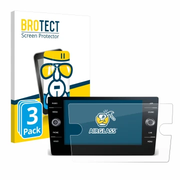 Front side of a product packaging with the brand logo BROTECT. Next to it is the device Volkswagen Tiguan 2021 Discover Media 