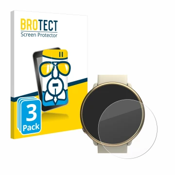 Front side of a product packaging with the brand logo BROTECT. Next to it is the device Polar Ignite 2 shown with the correspo