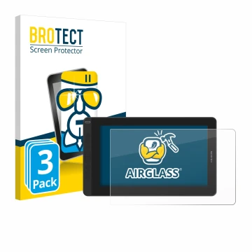 Front side of a product packaging with the brand logo BROTECT. Next to it is the device Huion Kamvas 13 shown with the corresp