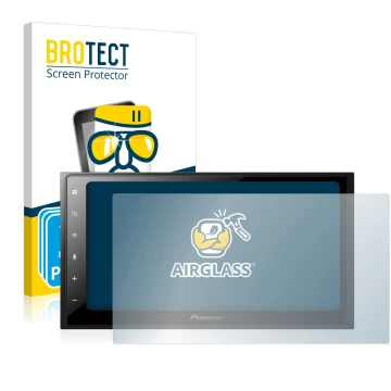 Front side of a product packaging with the brand logo BROTECT. Next to it is the device Pioneer SPH-DA250DAB shown with the co