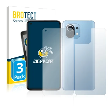 Front side of a product packaging with the brand logo BROTECT. Next to it is the device Xiaomi Mi 11 Lite 5G (Front+Back) show