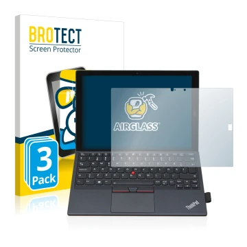 Front side of a product packaging with the brand logo BROTECT. Next to it is the device Lenovo ThinkPad X1 Tablet Gen 2 shown 