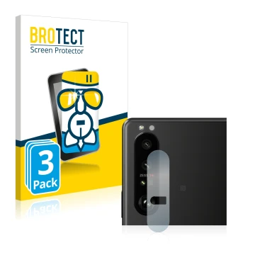 Front side of a product packaging with the brand logo BROTECT. Next to it is the device Sony Xperia 1 III (ONLY Camera Lens) s