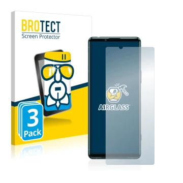 Front side of a product packaging with the brand logo BROTECT. Next to it is the device Sony Xperia 5 III shown with the corre