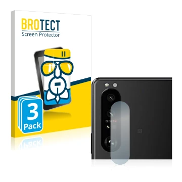 Front side of a product packaging with the brand logo BROTECT. Next to it is the device Sony Xperia 5 III (ONLY Camera Lens) s