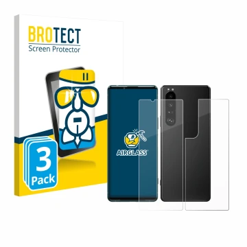 Front side of a product packaging with the brand logo BROTECT. Next to it is the device Sony Xperia 5 III (Front+Back) shown w