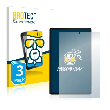 Front side of a product packaging with the brand logo BROTECT. Next to it is the device Lenovo Tab M10 FHD Plus shown with the