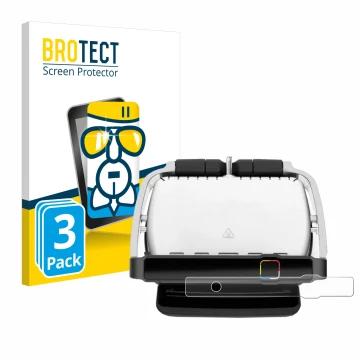Front side of a product packaging with the brand logo BROTECT. Next to it is the device Tefal OptiGrill Elite shown with the c