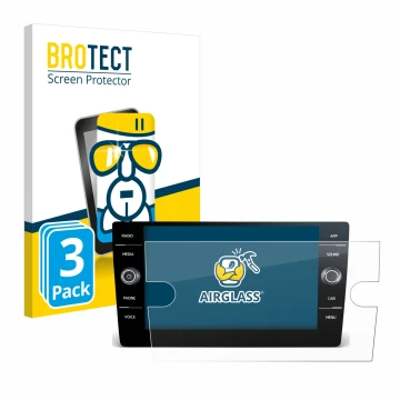 Front side of a product packaging with the brand logo BROTECT. Next to it is the device Volkswagen T6 2021 Discover Media 8