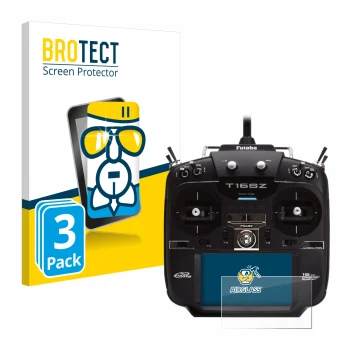Front side of a product packaging with the brand logo BROTECT. Next to it is the device Robbe Futaba T16IZ shown with the corr