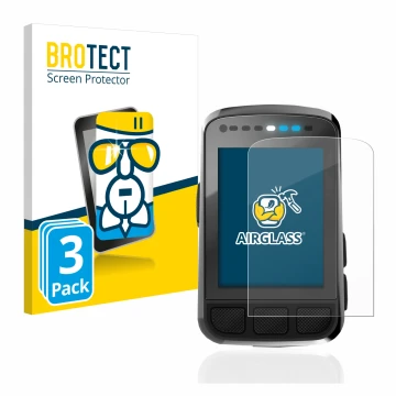 Front side of a product packaging with the brand logo BROTECT. Next to it is the device Wahoo Elemnt Bolt V2 GPS shown with th