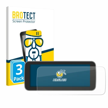 Front side of a product packaging with the brand logo BROTECT. Next to it is the device Fiat 500 E Uconnect 5 10