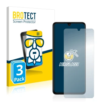 Front side of a product packaging with the brand logo BROTECT. Next to it is the device Samsung Galaxy A22 4G shown with the c