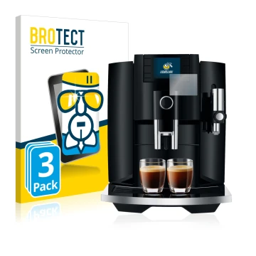 Front side of a product packaging with the brand logo BROTECT. Next to it is the device Jura E8 (EB) shown with the correspond