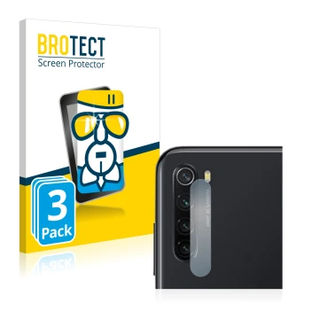 Front side of a product packaging with the brand logo BROTECT. Next to it is the device Xiaomi Redmi Note 8 2021 (ONLY Camera 
