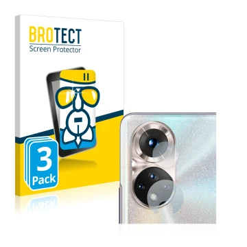 Front side of a product packaging with the brand logo BROTECT. Next to it is the device Honor 50 (ONLY Camera Lens) shown with
