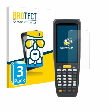 Front side of a product packaging with the brand logo BROTECT. Next to it is the device Zebra MC2200 shown with the correspond