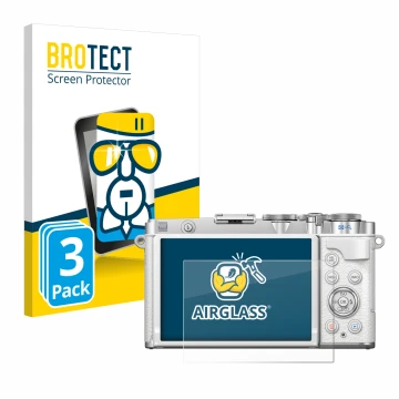 Front side of a product packaging with the brand logo BROTECT. Next to it is the device Olympus PEN E-P7 shown with the corres