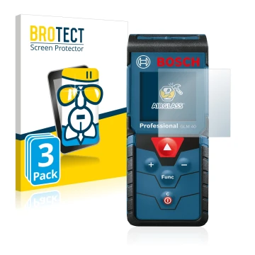 Front side of a product packaging with the brand logo BROTECT. Next to it is the device Bosch GLM 40 Professional shown with t