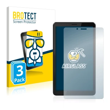 Front side of a product packaging with the brand logo BROTECT. Next to it is the device Lenovo Tab M7 (3th Gen.) shown with th