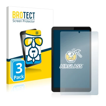 Front side of a product packaging with the brand logo BROTECT. Next to it is the device Lenovo Tab M8 (3th Gen.) shown with th