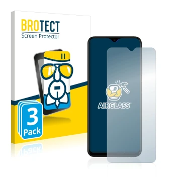 Front side of a product packaging with the brand logo BROTECT. Next to it is the device Samsung Galaxy A03s shown with the cor