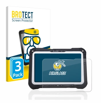 Front side of a product packaging with the brand logo BROTECT. Next to it is the device Panasonic Toughbook FZ-G2 shown with t