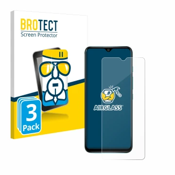 Front side of a product packaging with the brand logo BROTECT. Next to it is the device Wiko Power U30 shown with the correspo
