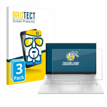 Front side of a product packaging with the brand logo BROTECT. Next to it is the device HP Pavilion x360 (14-dyX) shown with t