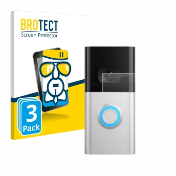 Front side of a product packaging with the brand logo BROTECT. Next to it is the device Ring Video Doorbell 4 shown with the c