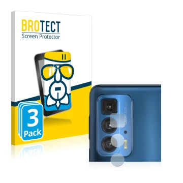 Front side of a product packaging with the brand logo BROTECT. Next to it is the device Motorola Edge 20 Pro (ONLY Camera Lens