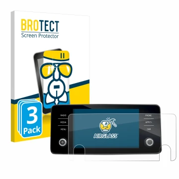 Front side of a product packaging with the brand logo BROTECT. Next to it is the device Skoda Bolero 2020 Infotainment System 