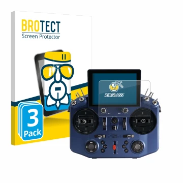 Front side of a product packaging with the brand logo BROTECT. Next to it is the device FrSky Tandem X20S shown with the corre