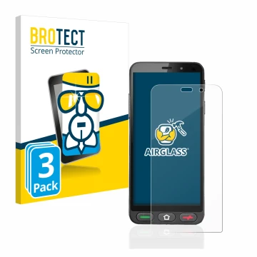 Front side of a product packaging with the brand logo BROTECT. Next to it is the device Brondi Amico S Nero shown with the cor