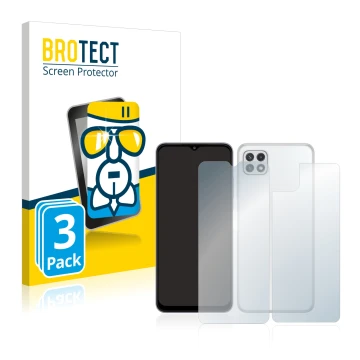 Front side of a product packaging with the brand logo BROTECT. Next to it is the device Samsung Galaxy A22 5G (Front+Back) sho