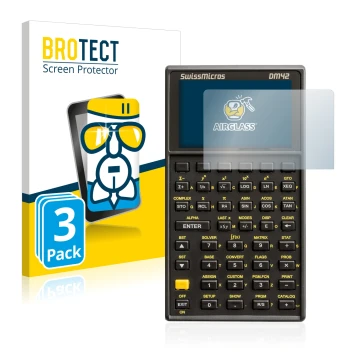 Front side of a product packaging with the brand logo BROTECT. Next to it is the device SwissMicros DM42 shown with the corres
