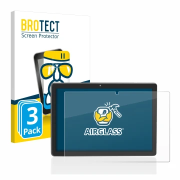 Front side of a product packaging with the brand logo BROTECT. Next to it is the device Majestic Tab-912 4G shown with the cor