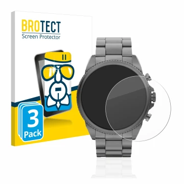 Front side of a product packaging with the brand logo BROTECT. Next to it is the device Fossil Gen 6 (44mm) shown with the cor