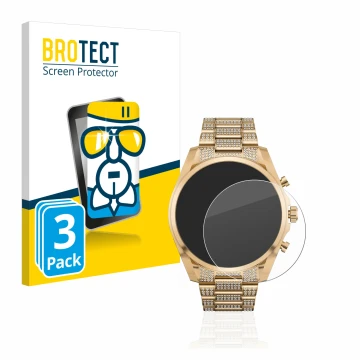 Front side of a product packaging with the brand logo BROTECT. Next to it is the device Michael Kors Access Gen 6 Bradshaw sho