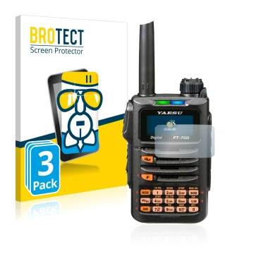 Front side of a product packaging with the brand logo BROTECT. Next to it is the device Yaesu FT-70DR shown with the correspon
