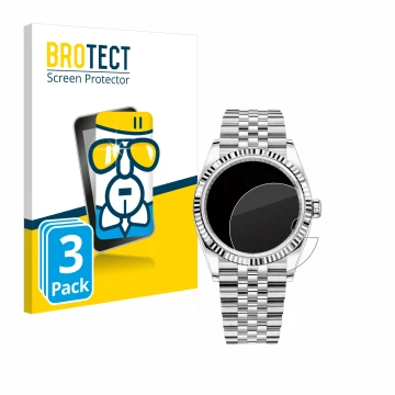 Front side of a product packaging with the brand logo BROTECT. Next to it is the device Rolex Datejust 36 shown with the corre