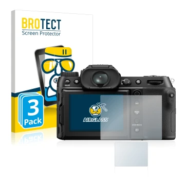 Front side of a product packaging with the brand logo BROTECT. Next to it is the device Fujifilm GFX50S II shown with the corr