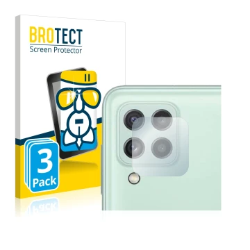 Front side of a product packaging with the brand logo BROTECT. Next to it is the device Samsung Galaxy A22 4G (ONLY Camera Len