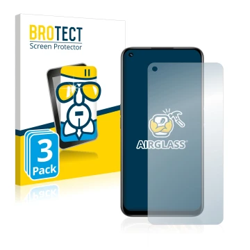 Front side of a product packaging with the brand logo BROTECT. Next to it is the device realme 8i shown with the corresponding