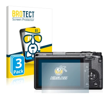 Front side of a product packaging with the brand logo BROTECT. Next to it is the device Ricoh GR IIIx shown with the correspon